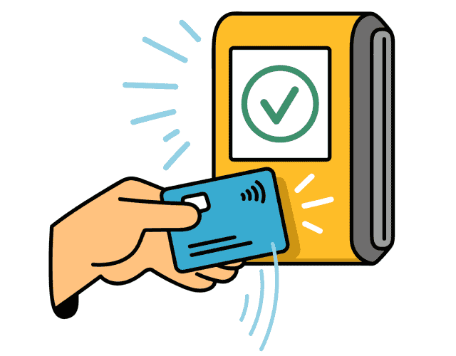 A hand taps a credit card on a fare validator.