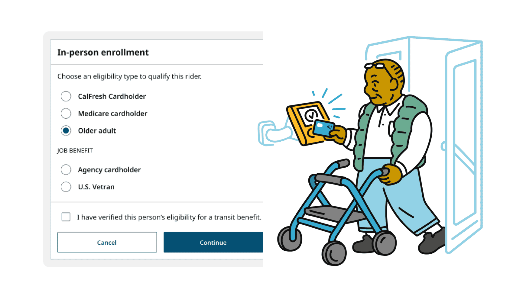 A collage of a web page enrolling a rider in a reduced fare, and an older man with a walker using contactless payments to board a bus and get a reduced fare.